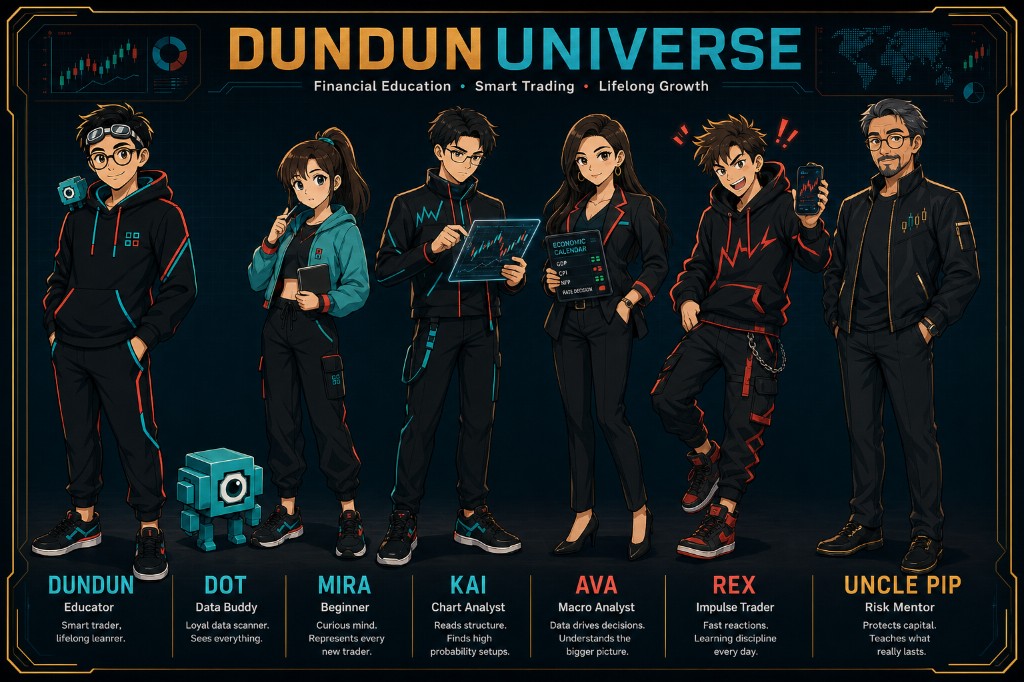 Dundun Universe character lineup — financial education cartoon series by Steven Wong